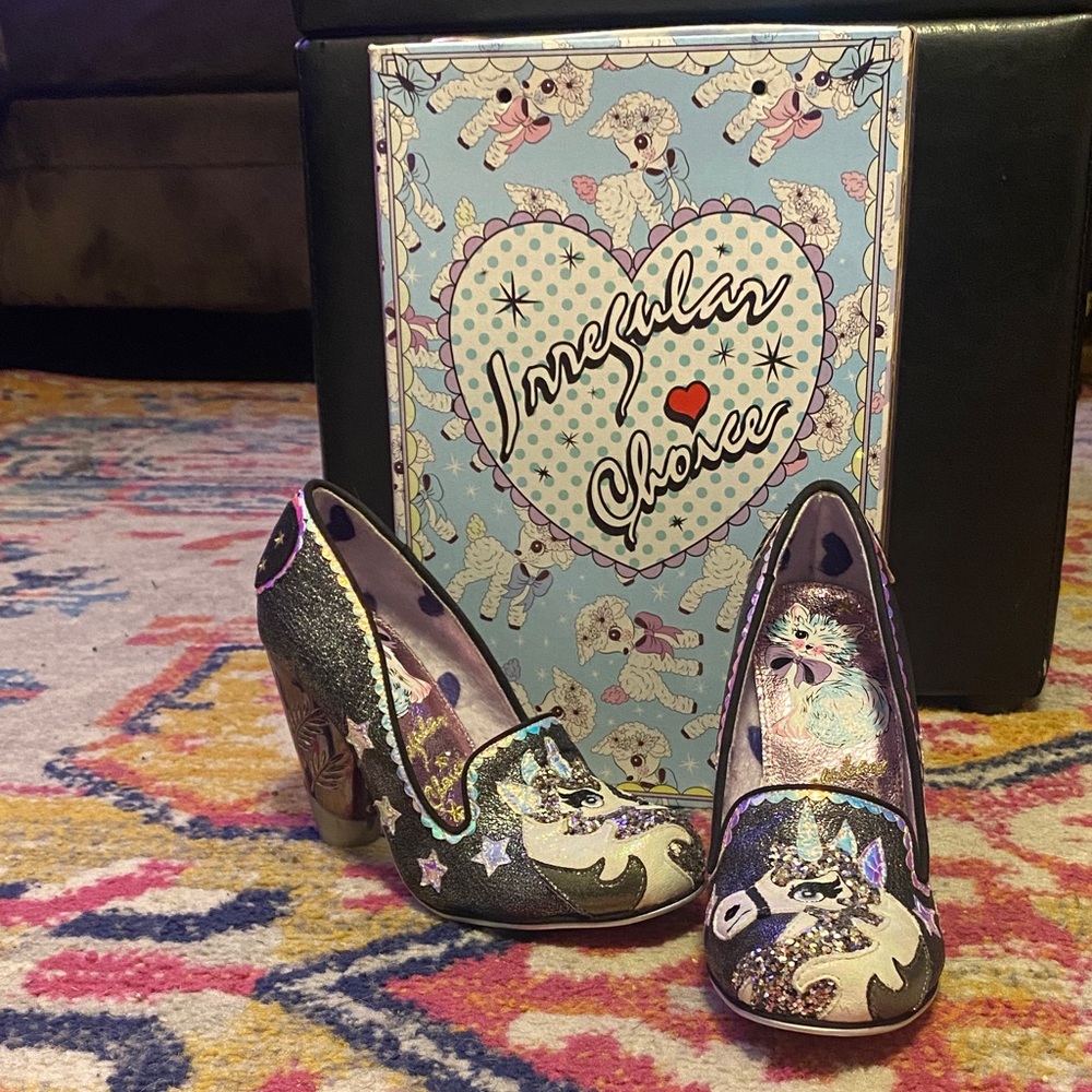 Irregular Choice Glitter Unicorn Heels - Black and Silver